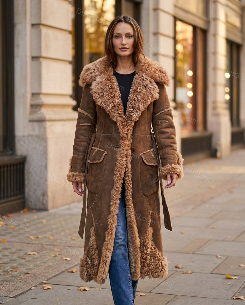 Brown City-Ready Fur-Trim Belted Coat Brown Coat with Longline silhouette and Suede texture, outdoor styling image for City Layering, a polished weekend event, Fall autumn city plans, dinner reservations, and weekend events, US Coastal Glam by Dutti3