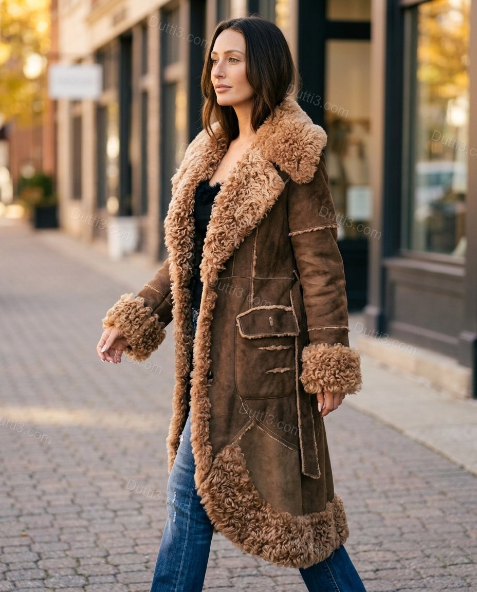Brown City-Ready Fur-Trim Belted Coat Brown Coat with Longline silhouette and Suede texture, lifestyle scene image for City Layering, a polished weekend event, Fall autumn city plans, dinner reservations, and weekend events, US Coastal Glam by Dutti3