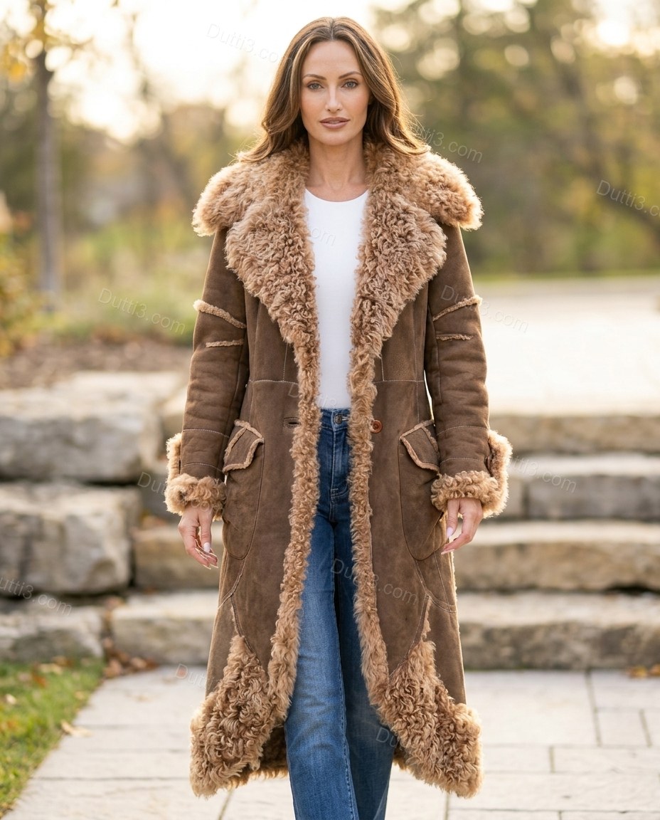 Brown City-Ready Fur-Trim Belted Coat Brown Coat with Longline silhouette and Suede texture, front view product image for City Layering, a polished weekend event, Fall autumn city plans, dinner reservations, and weekend events, US Coastal Glam by Dutti3