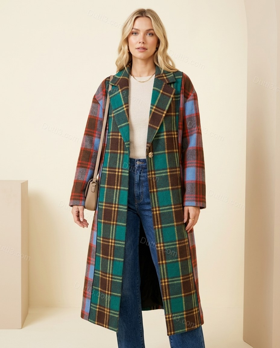 Green Blue Red Plaid Coat, full-length hero view, by Dutti3