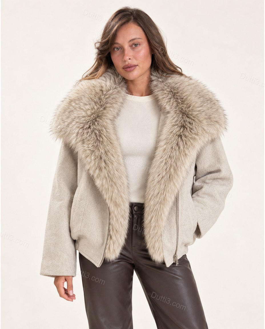 Charcoal Gray Asymmetric Faux-Fur Jacket, walking lifestyle view, by Dutti3