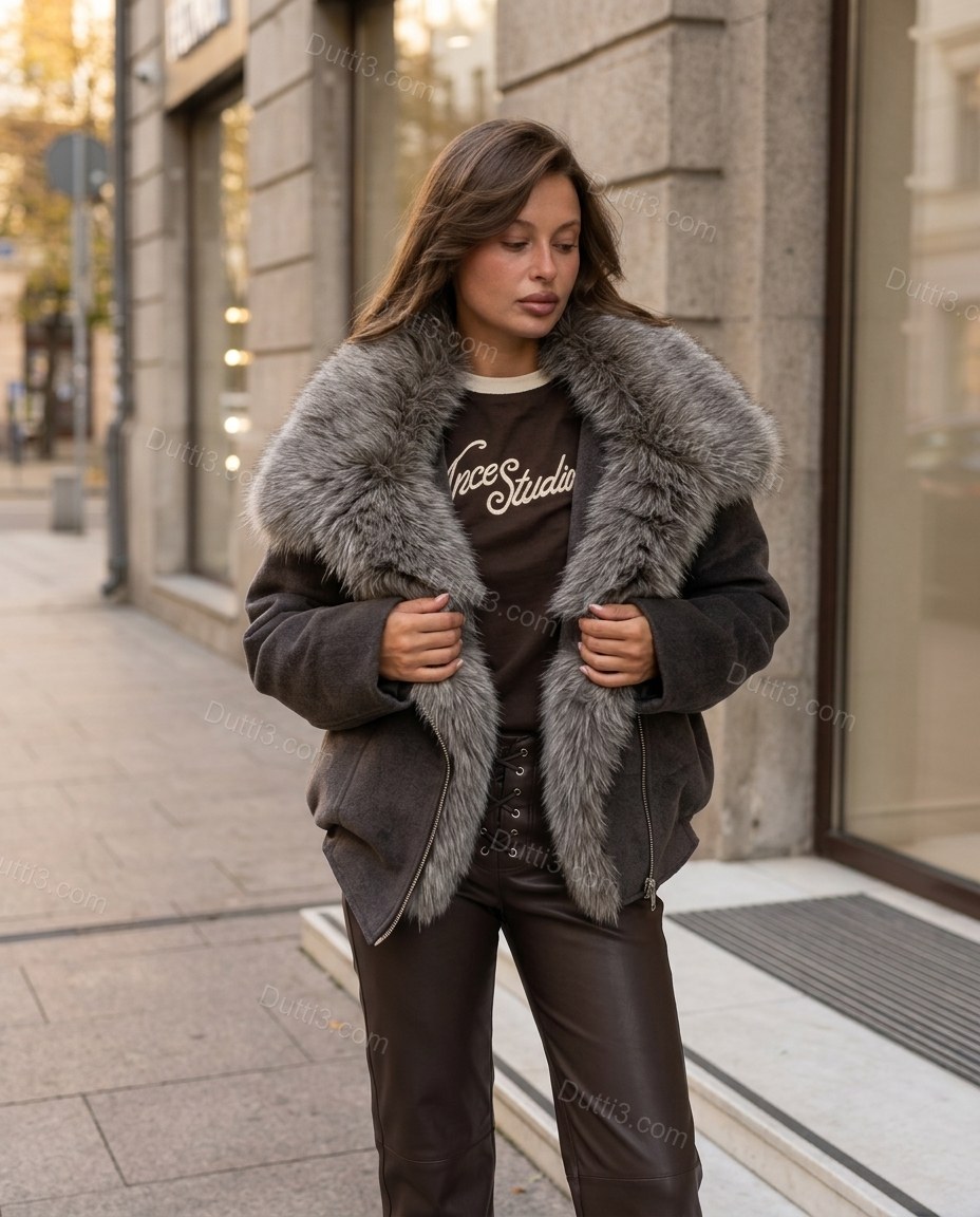 Charcoal Gray Asymmetric Faux-Fur Jacket, alternate use-case lifestyle view, by Dutti3