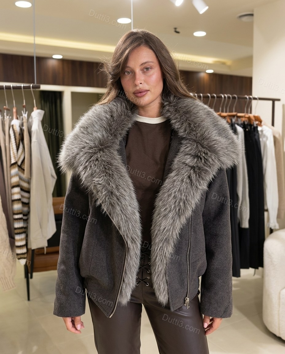 Charcoal Gray Asymmetric Faux-Fur Jacket, full-length hero view, by Dutti3