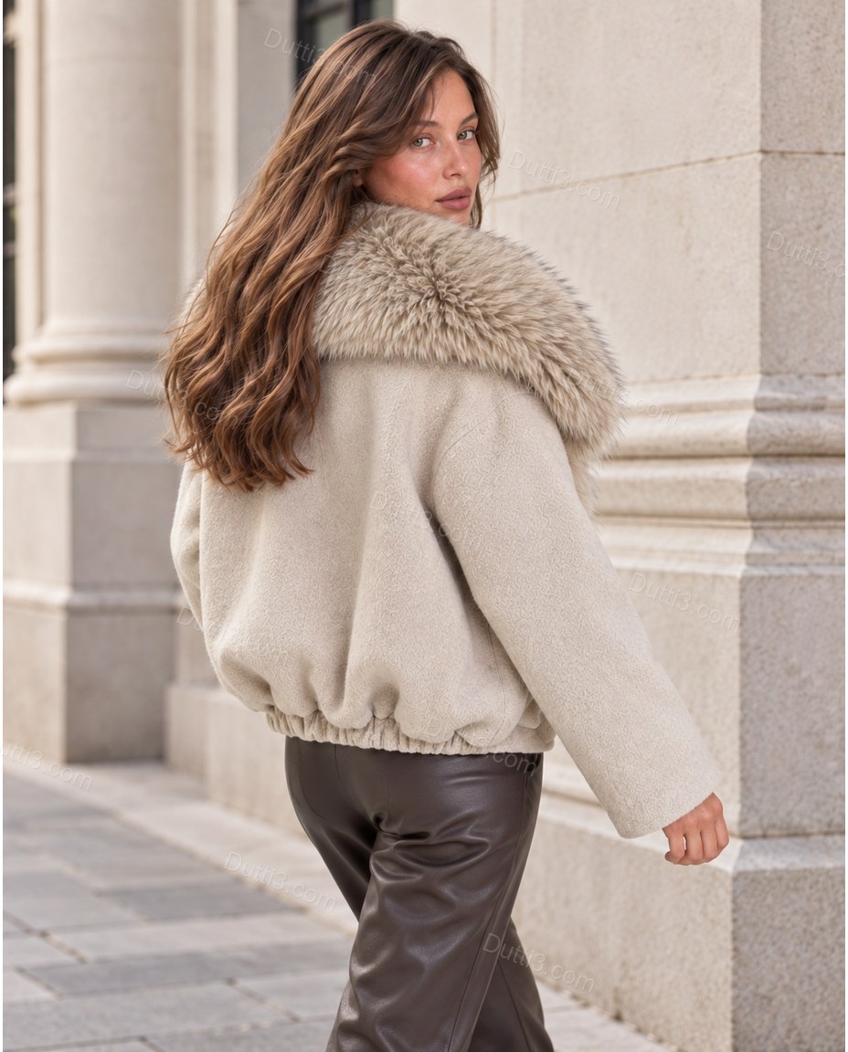 Charcoal Gray Asymmetric Faux-Fur Jacket, three-quarter brand lifestyle view, by Dutti3