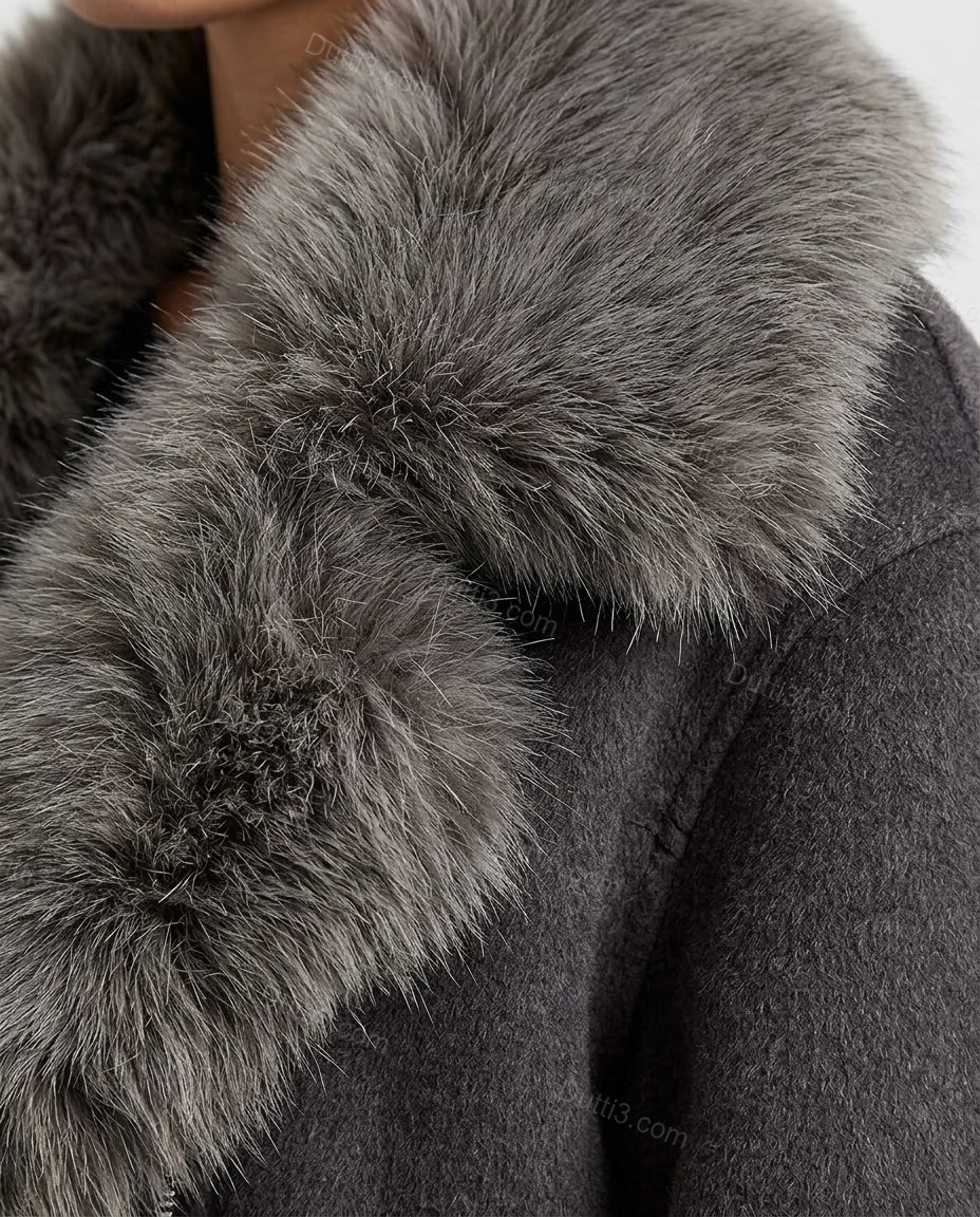 Charcoal Gray Asymmetric Faux-Fur Jacket, close-up of silver gray collar accents, faux fur collar and asymmetrical zipper closure, by Dutti3