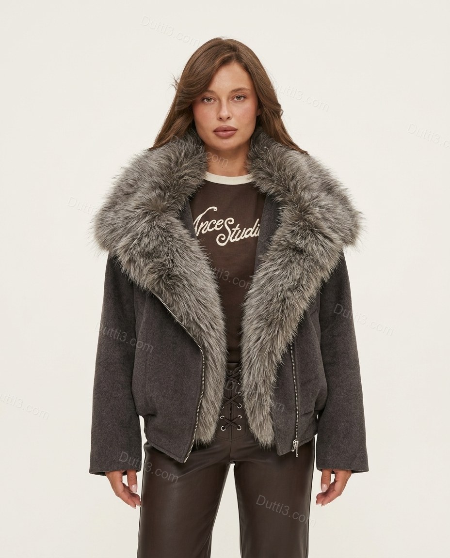 Charcoal Gray Asymmetric Faux-Fur Jacket, front studio view, by Dutti3