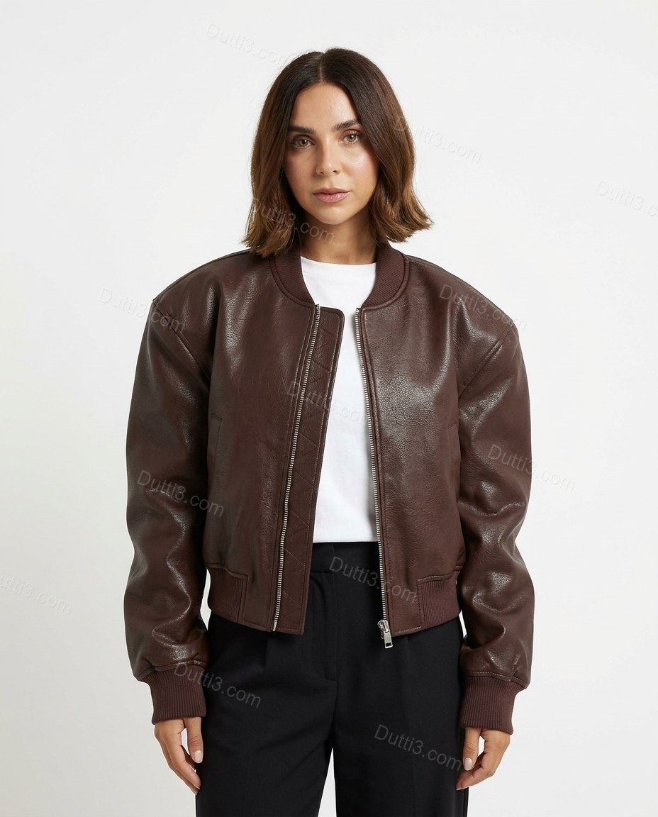 Deep Chocolate Brown Ribbed Jacket, front studio view, by Dutti3