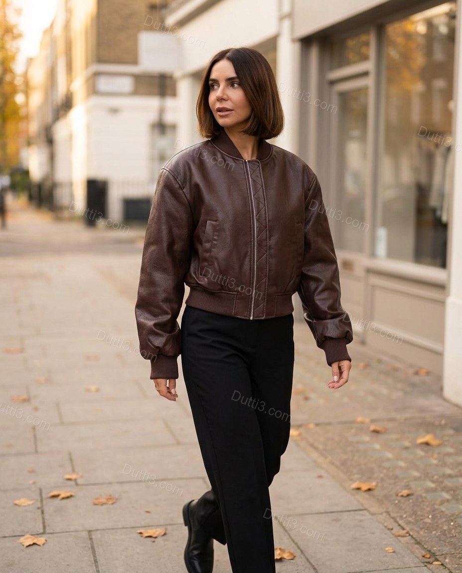 Deep Chocolate Brown Ribbed Jacket, movement and fit lifestyle view, by Dutti3