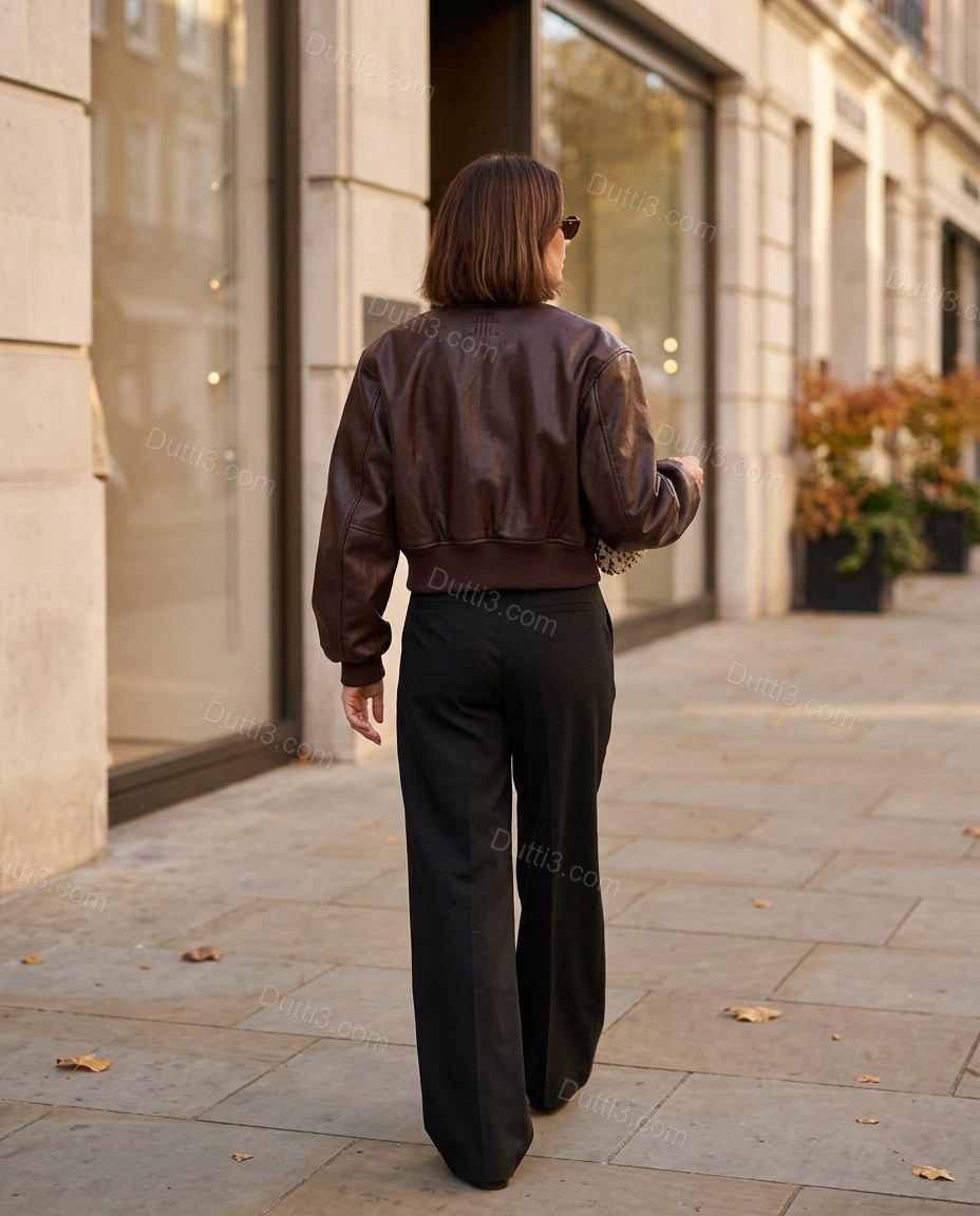 Deep Chocolate Brown Ribbed Jacket, walking lifestyle view, by Dutti3
