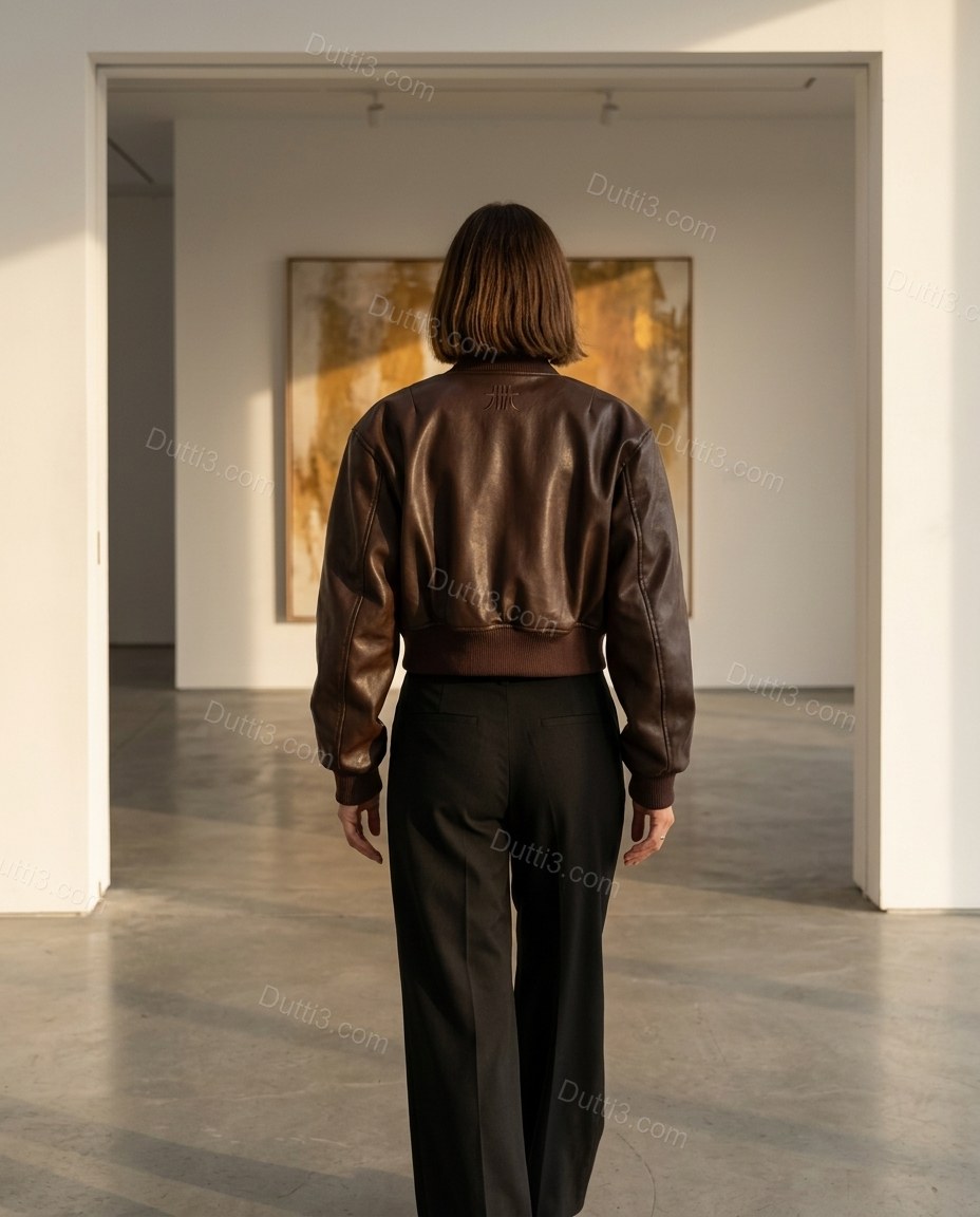 Deep Chocolate Brown Ribbed Jacket, three-quarter brand lifestyle view, by Dutti3