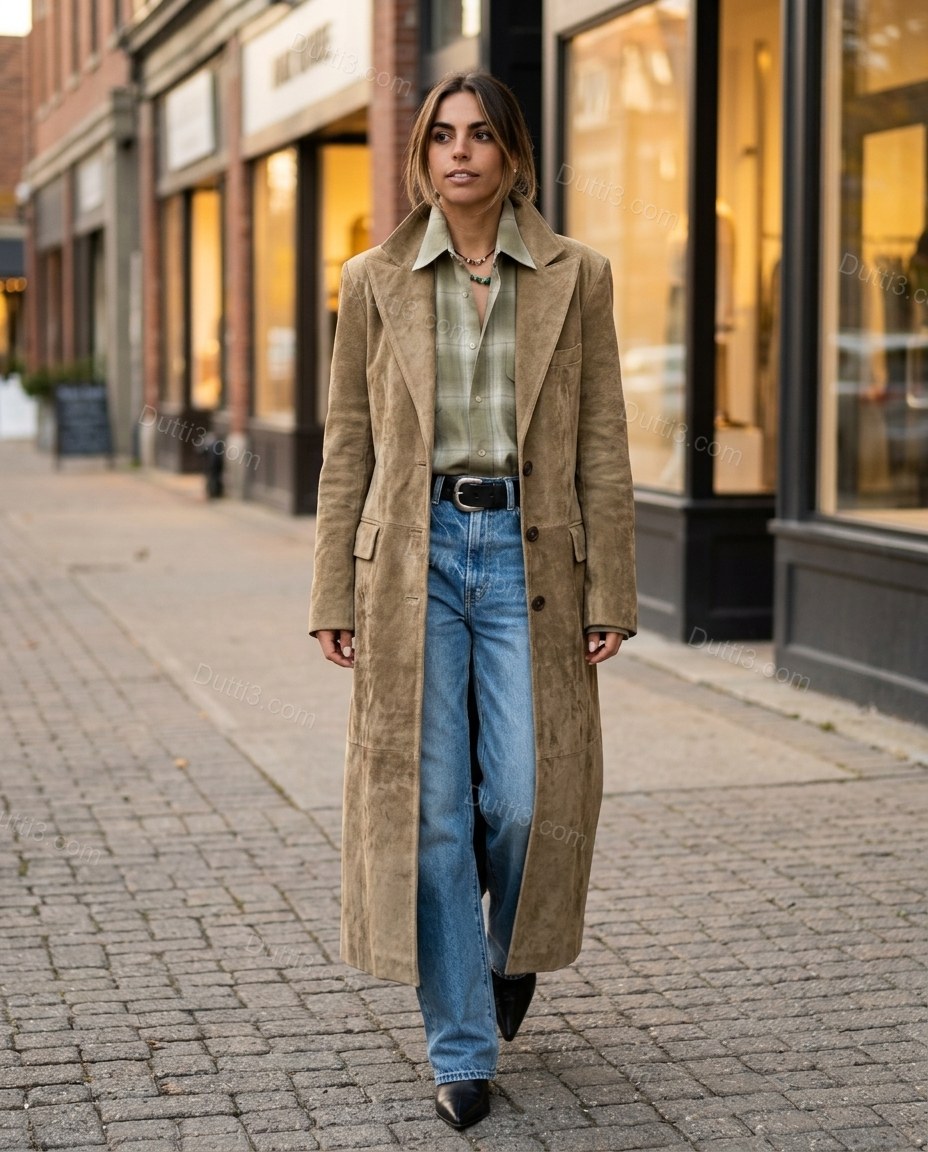 Warm Muted Tan Khaki Coat, three-quarter brand lifestyle view, by Dutti3