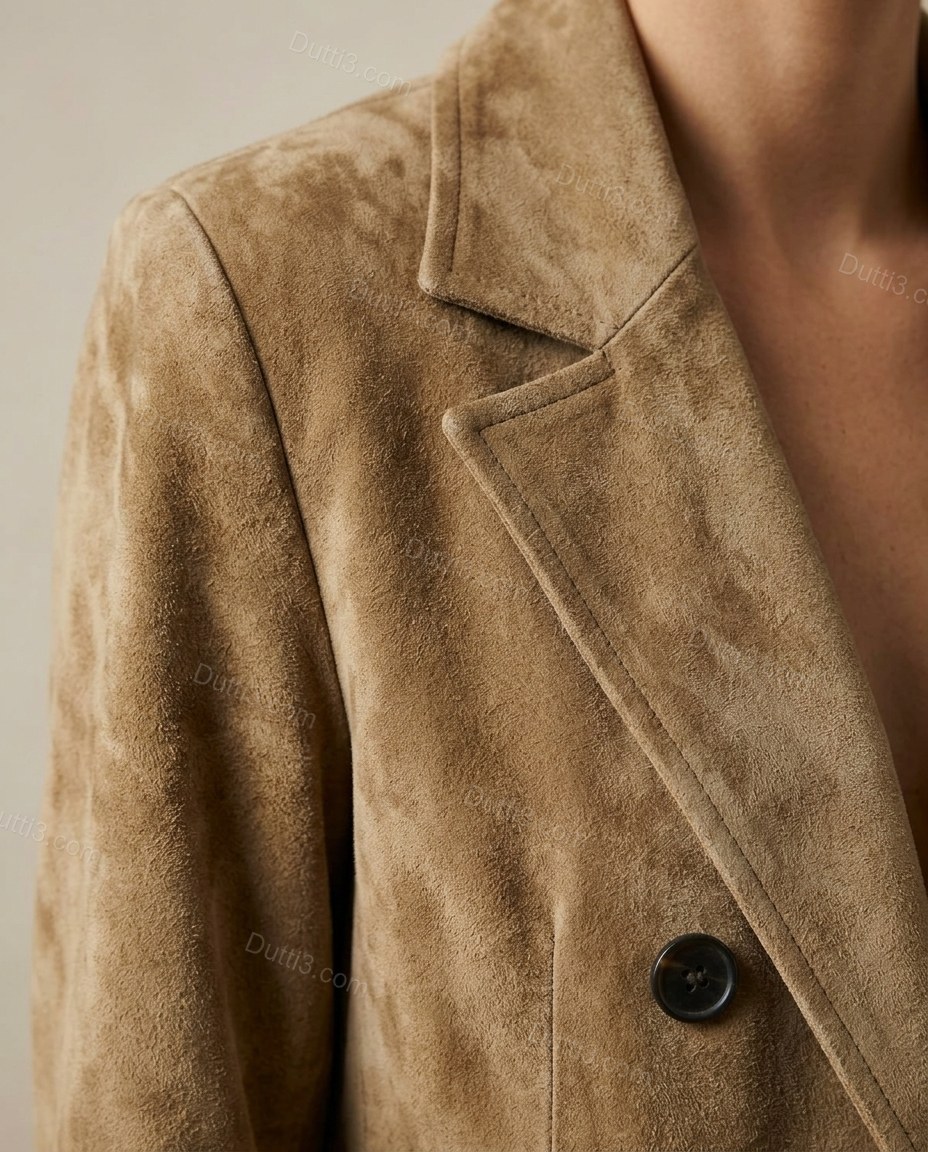 Warm Muted Tan Khaki Coat, close-up of notched lapels, front button closure and flap pockets, by Dutti3