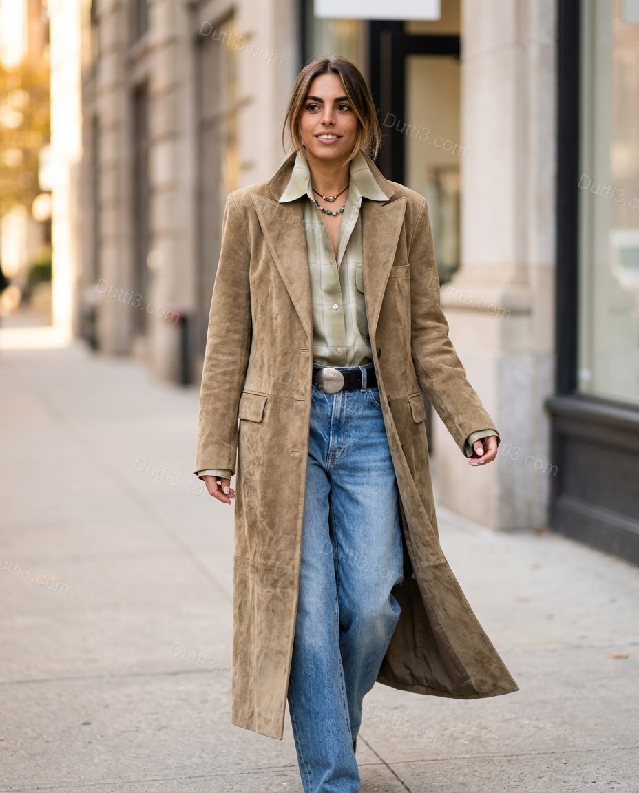 Warm Muted Tan Khaki Coat, movement and fit lifestyle view, by Dutti3