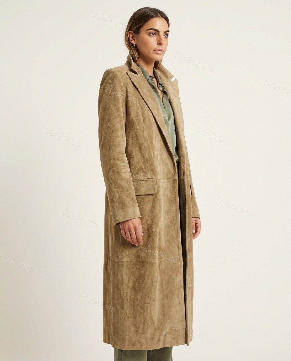 Warm Muted Tan Khaki Coat, side and back studio view, by Dutti3