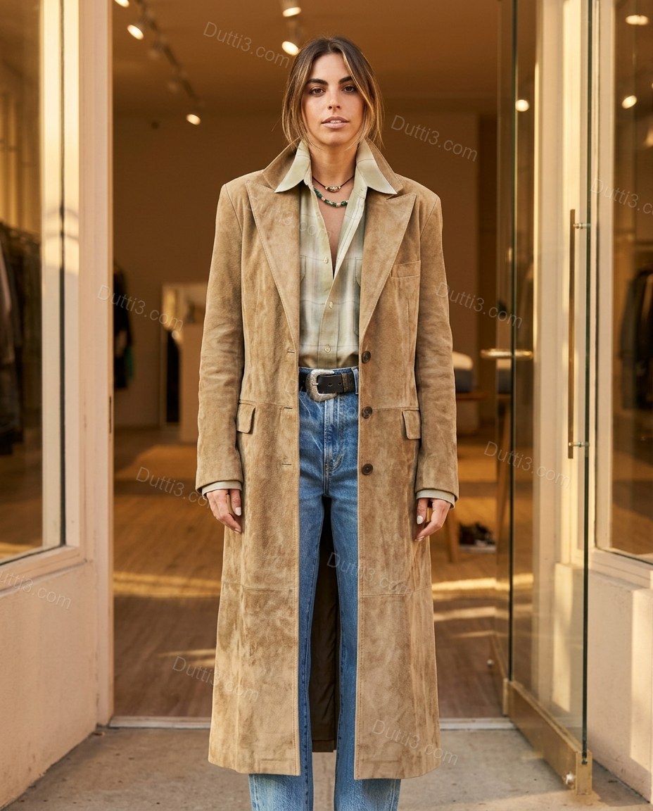 Warm Muted Tan Khaki Coat, full-length hero view, by Dutti3
