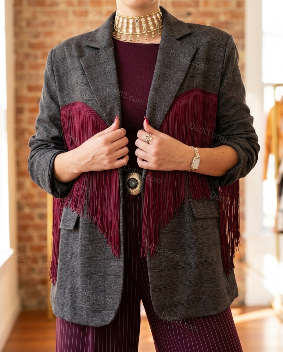 Charcoal Gray Check Fringe Blazer, full-length hero view, by Dutti3