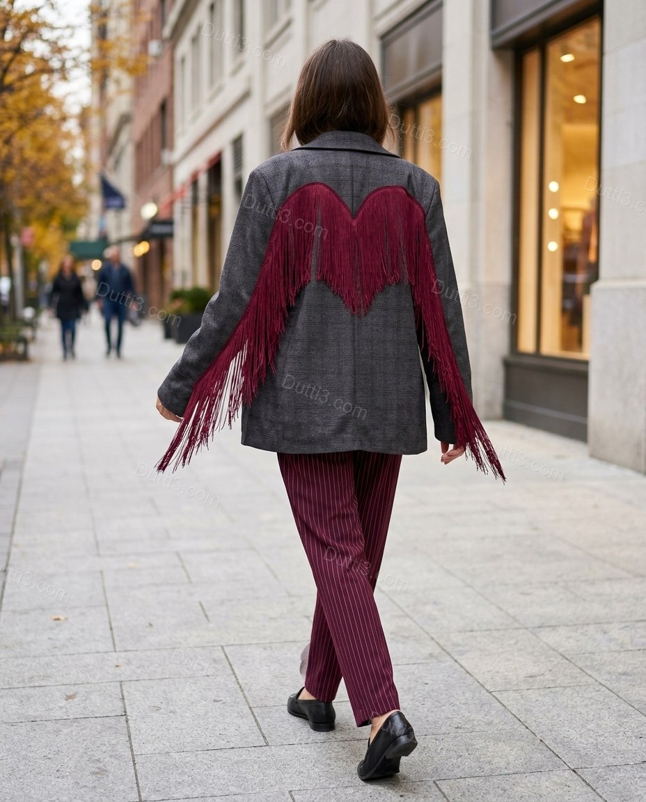 Charcoal Gray Check Fringe Blazer, walking lifestyle view, by Dutti3