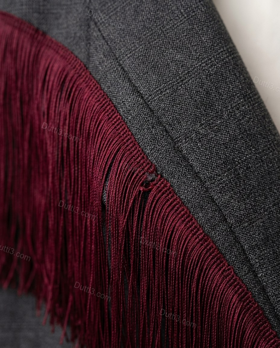 Charcoal Gray Check Fringe Blazer, close-up of deep burgundy fringe accents, notched lapels and front flap pockets, by Dutti3