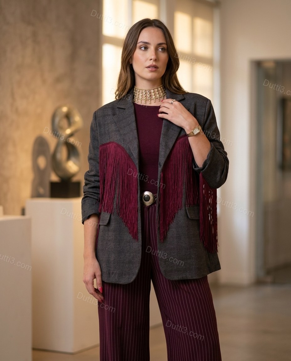 Charcoal Gray Check Fringe Blazer, alternate use-case lifestyle view, by Dutti3