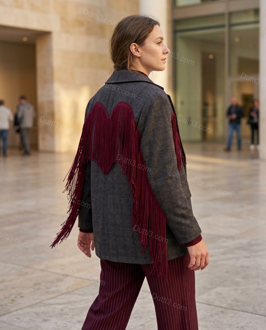 Charcoal Gray Check Fringe Blazer, movement and fit lifestyle view, by Dutti3