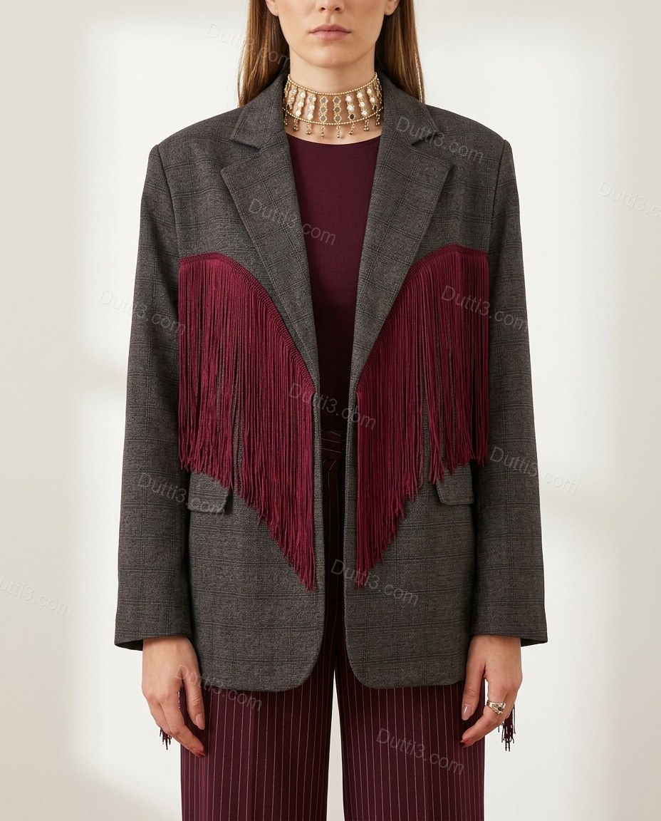 Charcoal Gray Check Fringe Blazer, front studio view, by Dutti3
