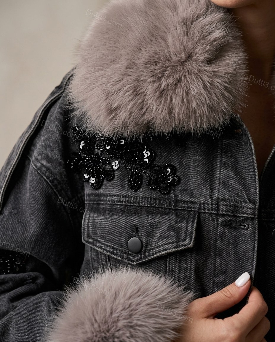 Washed Charcoal Gray Denim Jacket, close-up of smoky gray faux-fur look accents, fur collar and fur cuffs, by Dutti3