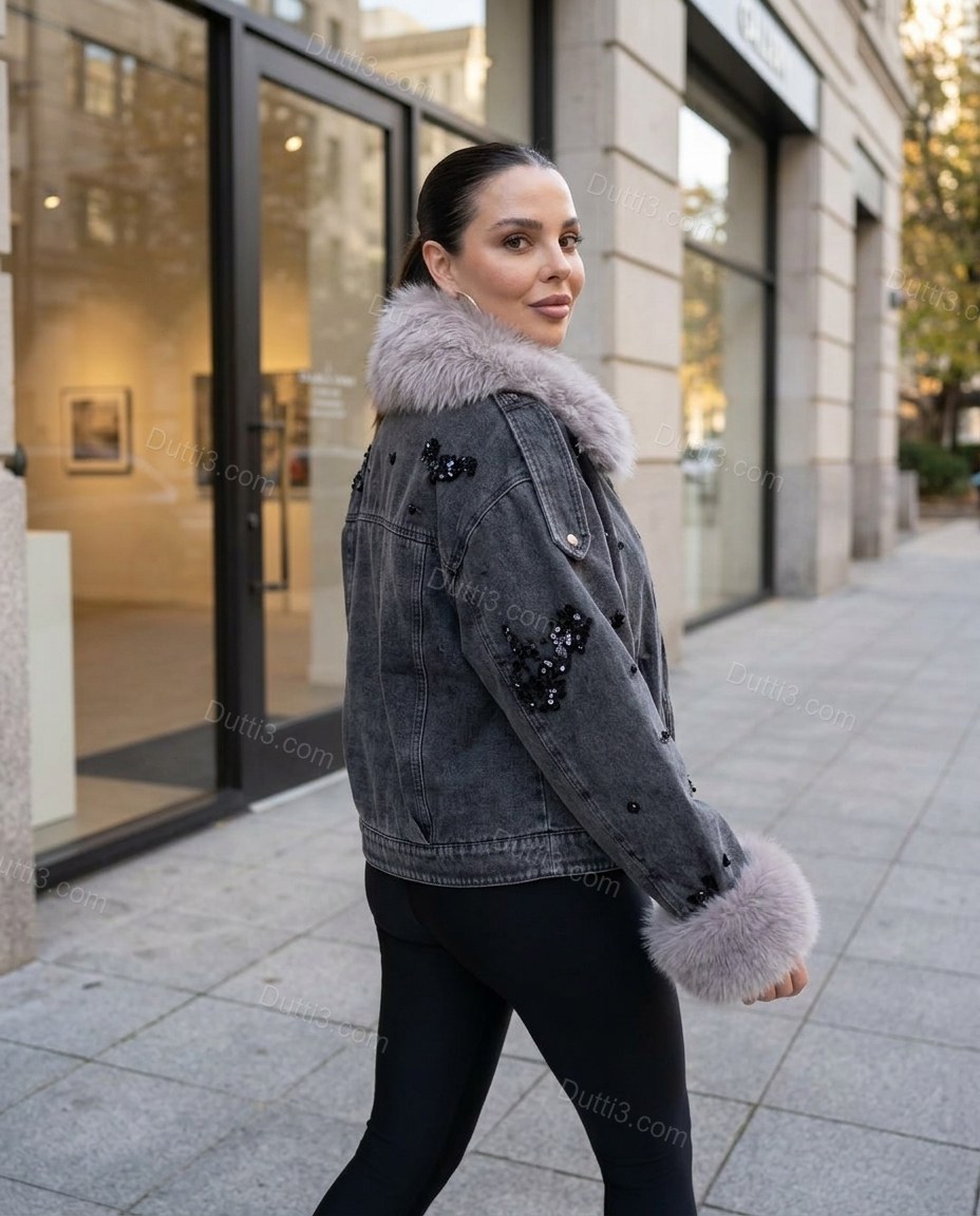 Washed Charcoal Gray Denim Jacket, movement and fit lifestyle view, by Dutti3