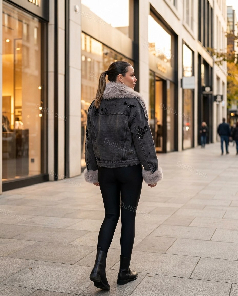 Washed Charcoal Gray Denim Jacket, walking lifestyle view, by Dutti3