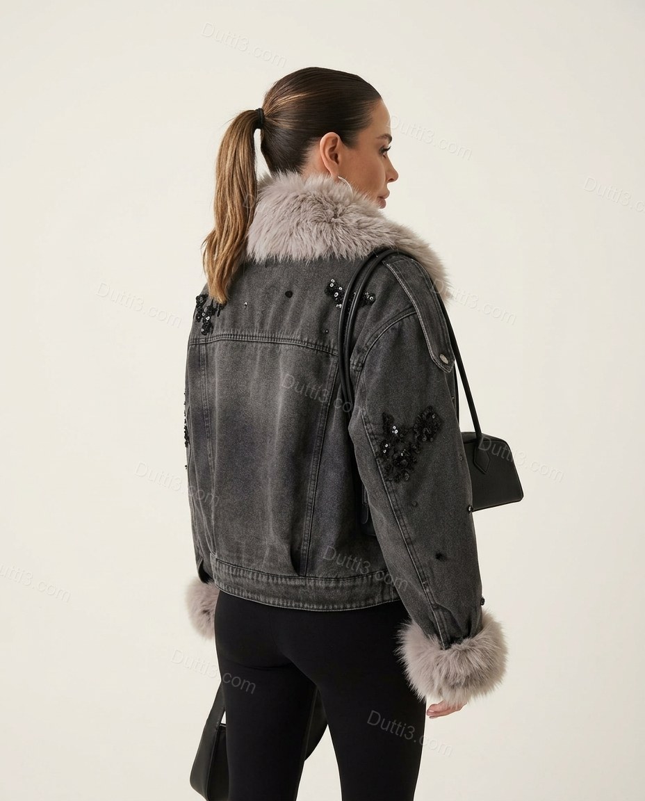 Washed Charcoal Gray Denim Jacket, back studio view, by Dutti3