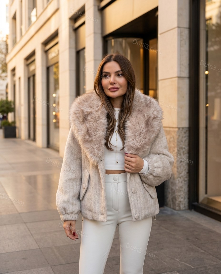 Pale Ivory Beige Faux-Fur Jacket, alternate use-case lifestyle view, by Dutti3