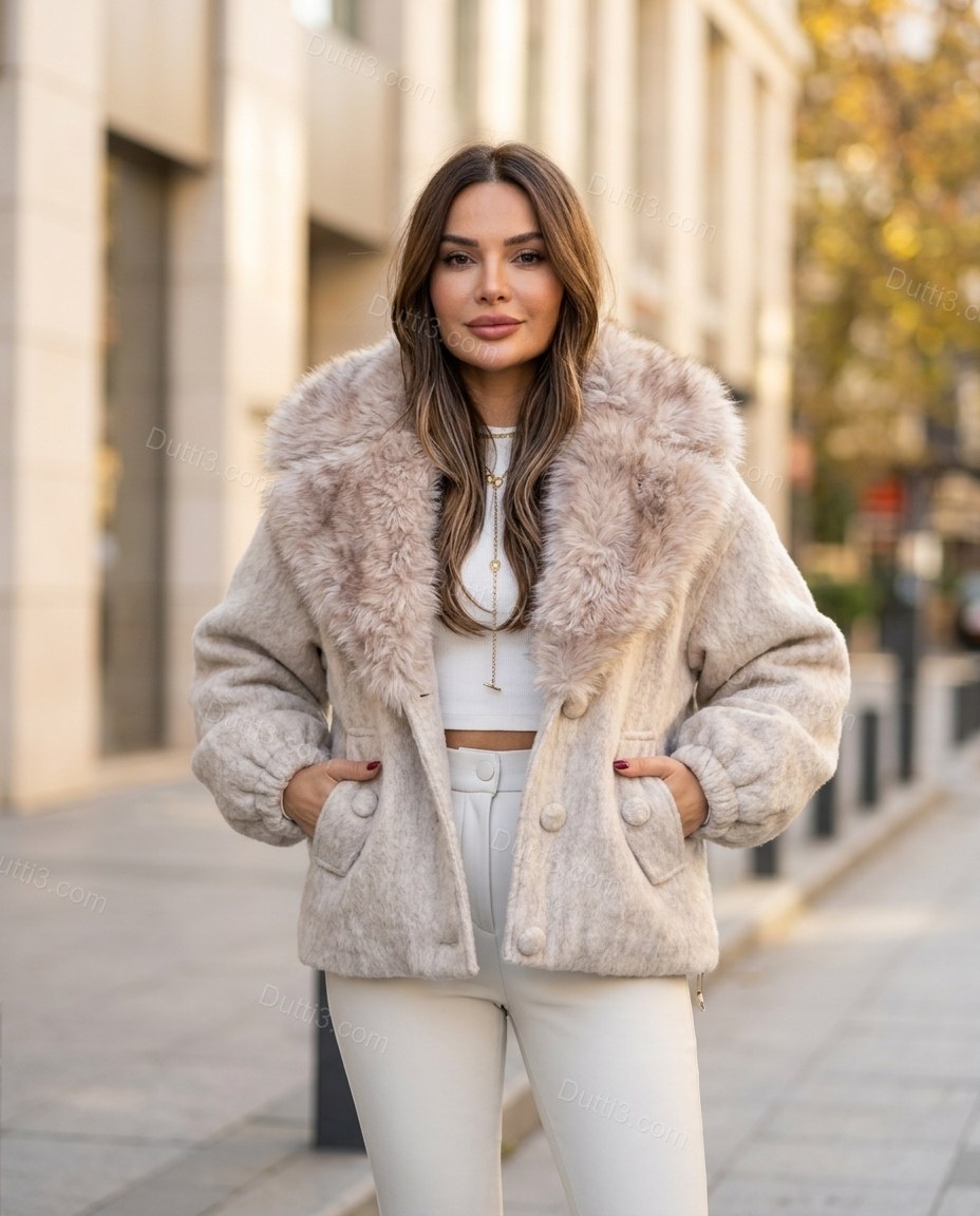 Pale Ivory Beige Faux-Fur Jacket, full-length hero view, by Dutti3