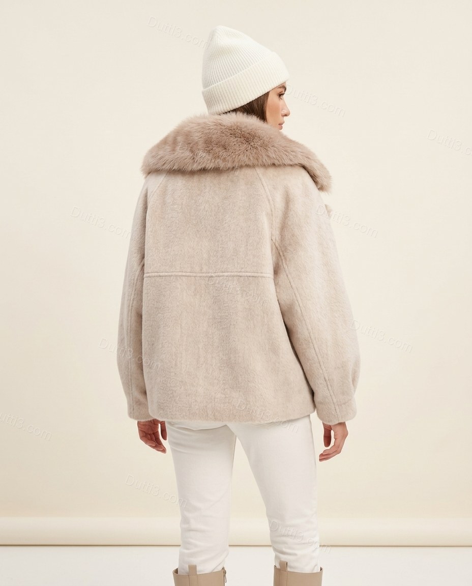 Pale Ivory Beige Faux-Fur Jacket, back studio view, by Dutti3