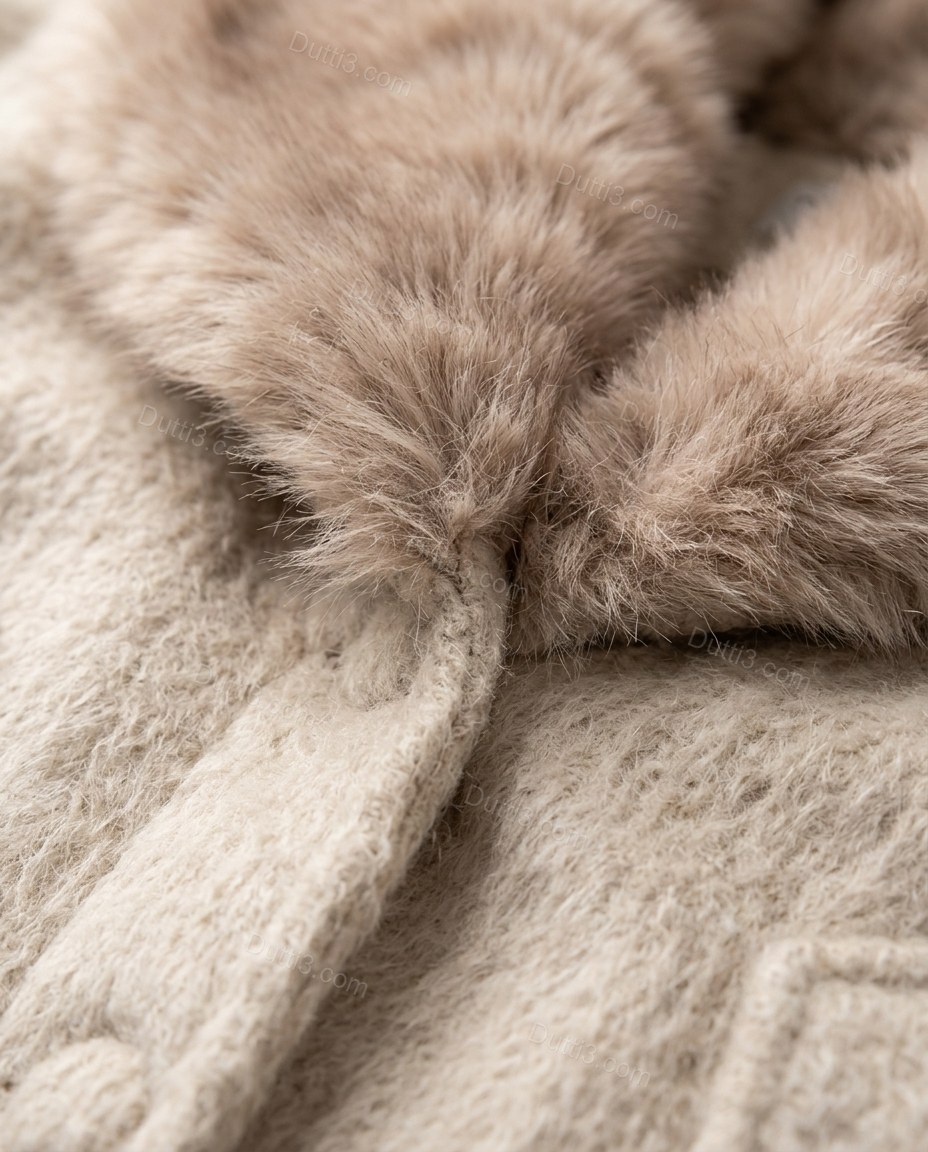 Pale Ivory Beige Faux-Fur Jacket, close-up of warm gray taupe collar accents, faux fur collar and button closure, by Dutti3
