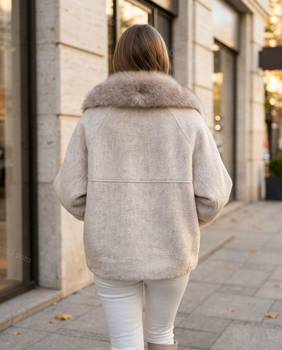 Pale Ivory Beige Faux-Fur Jacket, three-quarter brand lifestyle view, by Dutti3