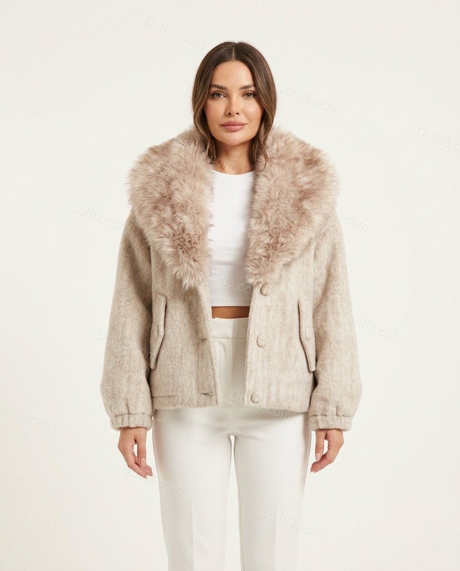 Pale Ivory Beige Faux-Fur Jacket, front studio view, by Dutti3