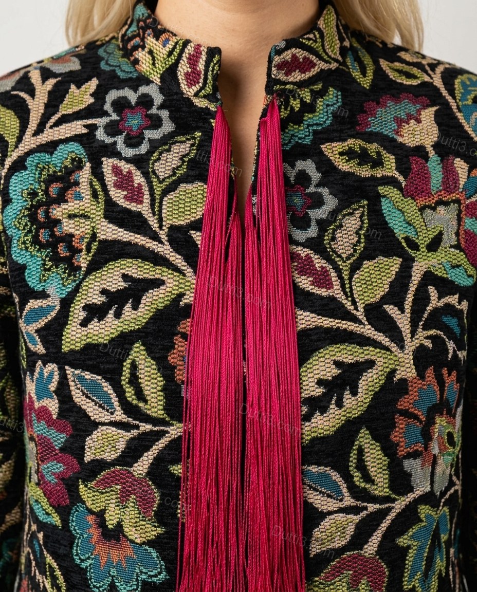 Black with Multi-Color Florals Fringe Jacket, close-up of floral, by Dutti3