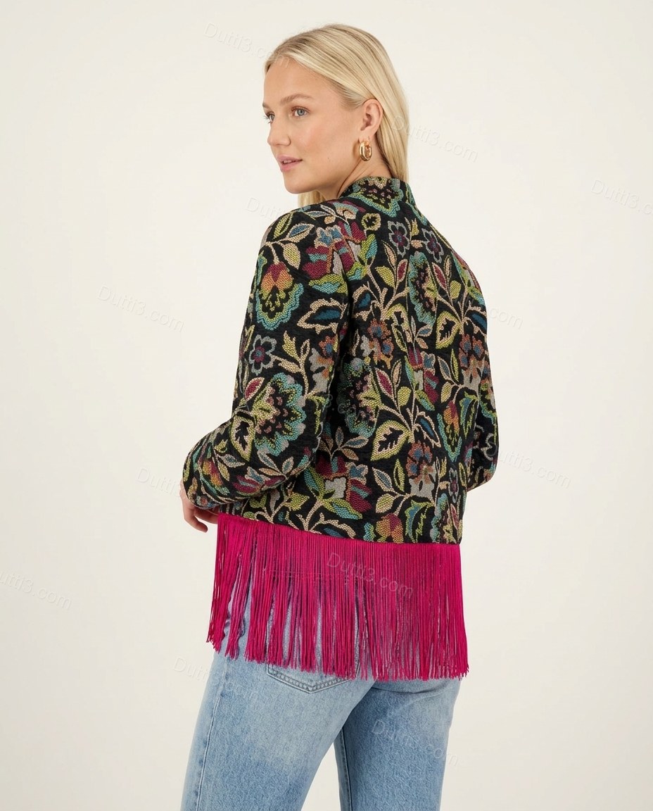 Black with Multi-Color Florals Fringe Jacket, back studio view, by Dutti3