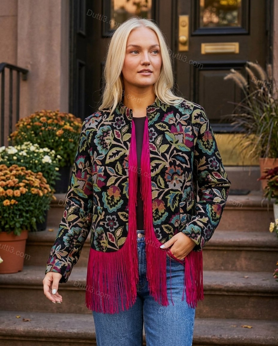 Black with Multi-Color Florals Fringe Jacket, alternate use-case lifestyle view, by Dutti3