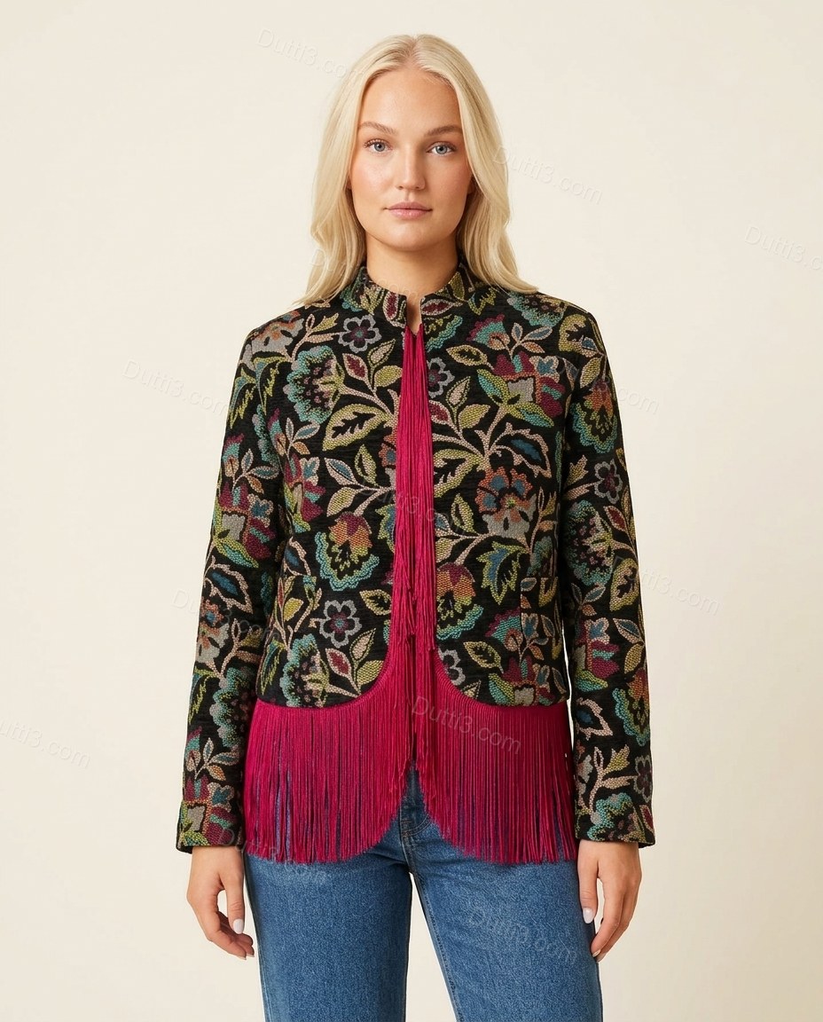Black with Multi-Color Florals Fringe Jacket, front studio view, by Dutti3