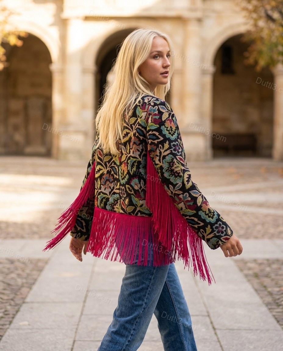 Black with Multi-Color Florals Fringe Jacket, movement and fit lifestyle view, by Dutti3