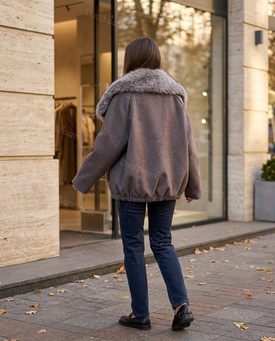 Muted Charcoal Taupe Faux-Fur Jacket, walking lifestyle view, by Dutti3