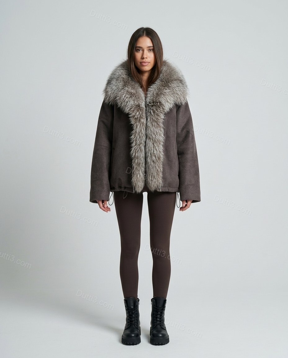 Muted Charcoal Taupe Faux-Fur Jacket, front studio view, by Dutti3