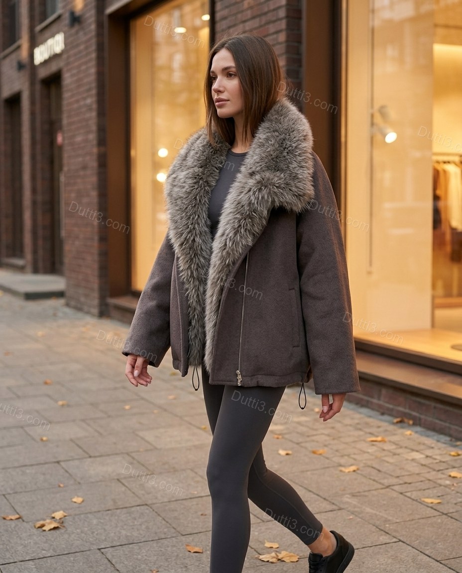 Muted Charcoal Taupe Faux-Fur Jacket, movement and fit lifestyle view, by Dutti3