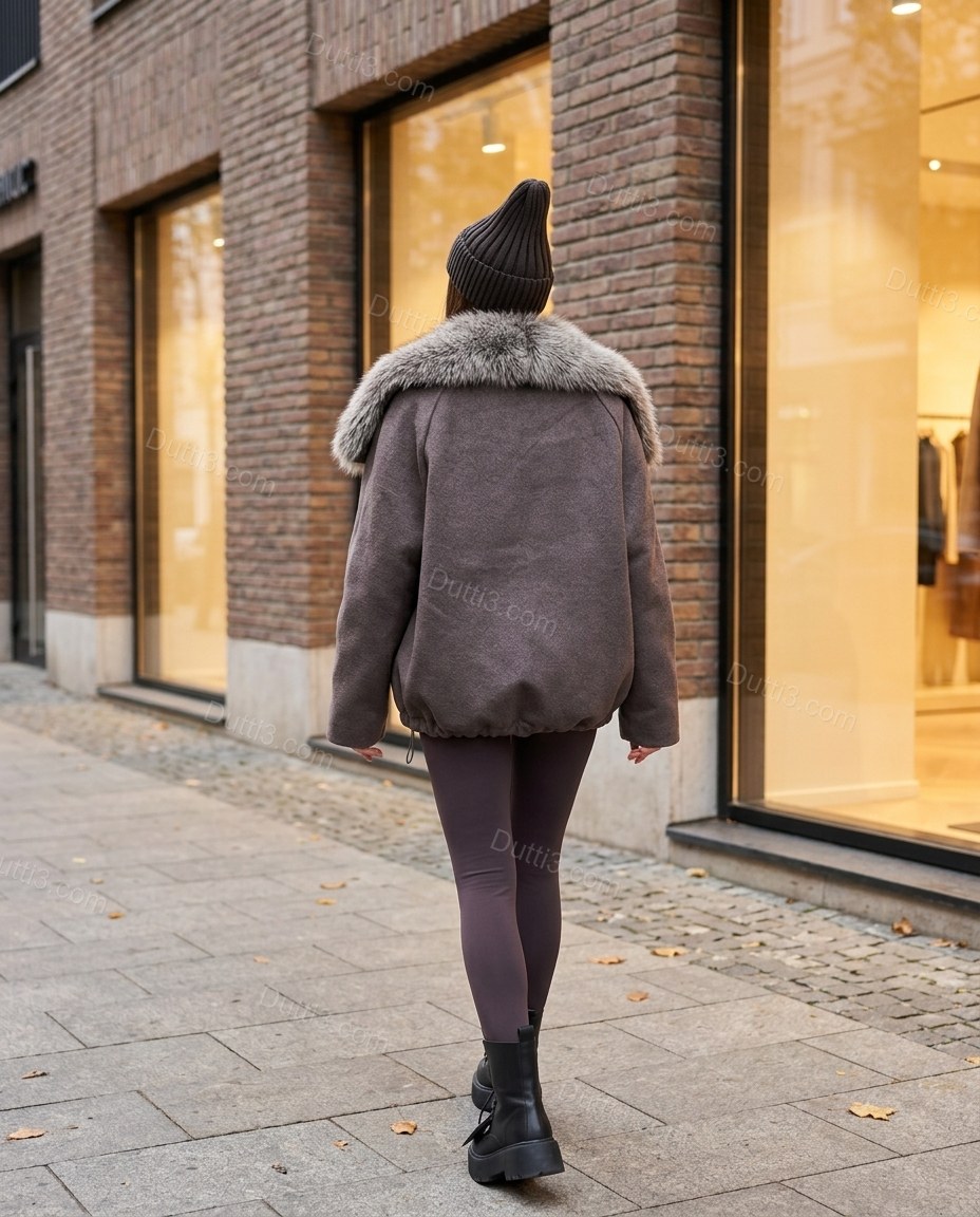 Muted Charcoal Taupe Faux-Fur Jacket, three-quarter brand lifestyle view, by Dutti3