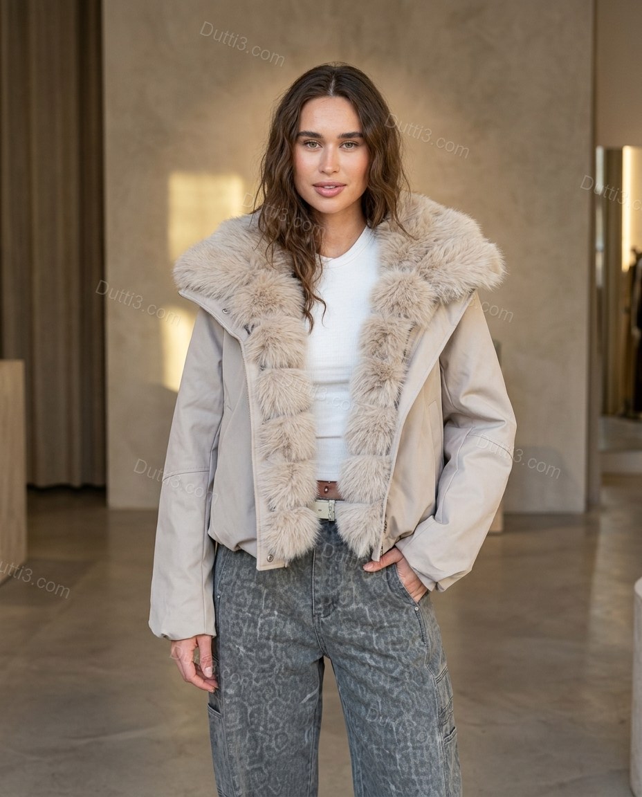 Pale Taupe Beige Faux-Fur Ribbed Jacket, full-length hero view, by Dutti3