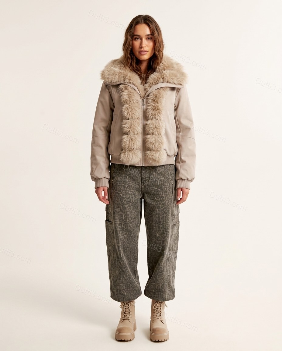 Pale Taupe Beige Faux-Fur Ribbed Jacket, front studio view, by Dutti3
