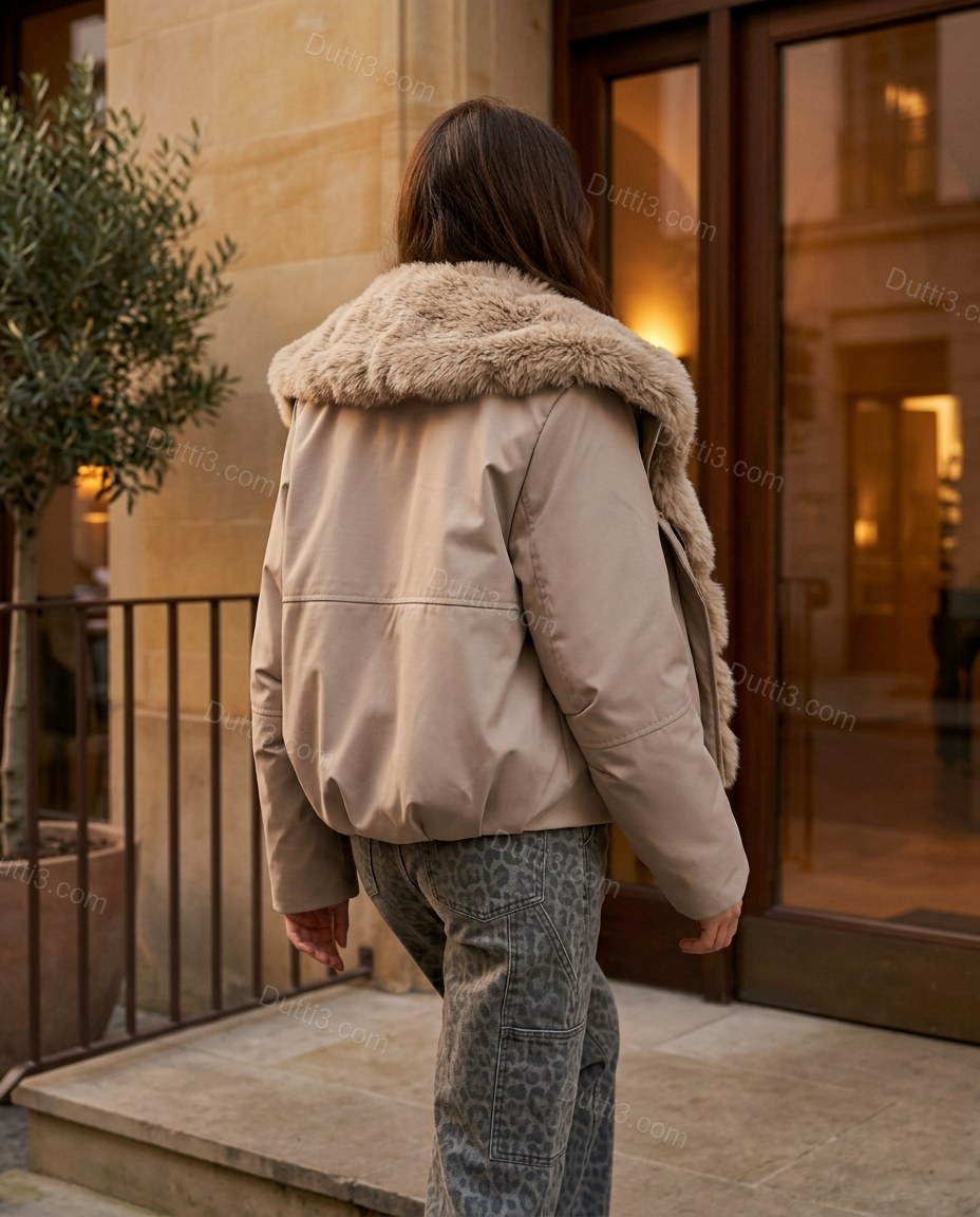 Pale Taupe Beige Faux-Fur Ribbed Jacket, three-quarter brand lifestyle view, by Dutti3
