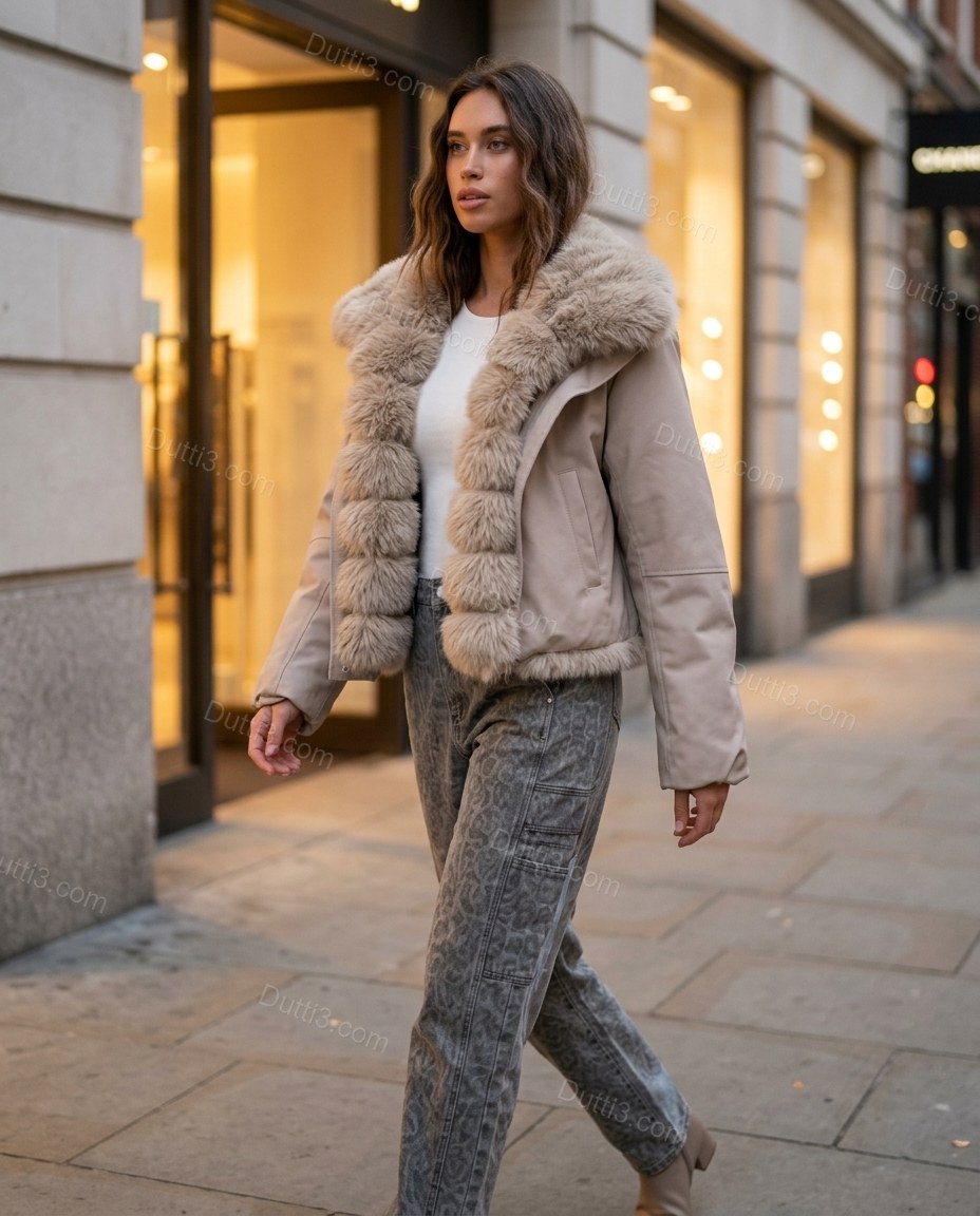 Pale Taupe Beige Faux-Fur Ribbed Jacket, movement and fit lifestyle view, by Dutti3
