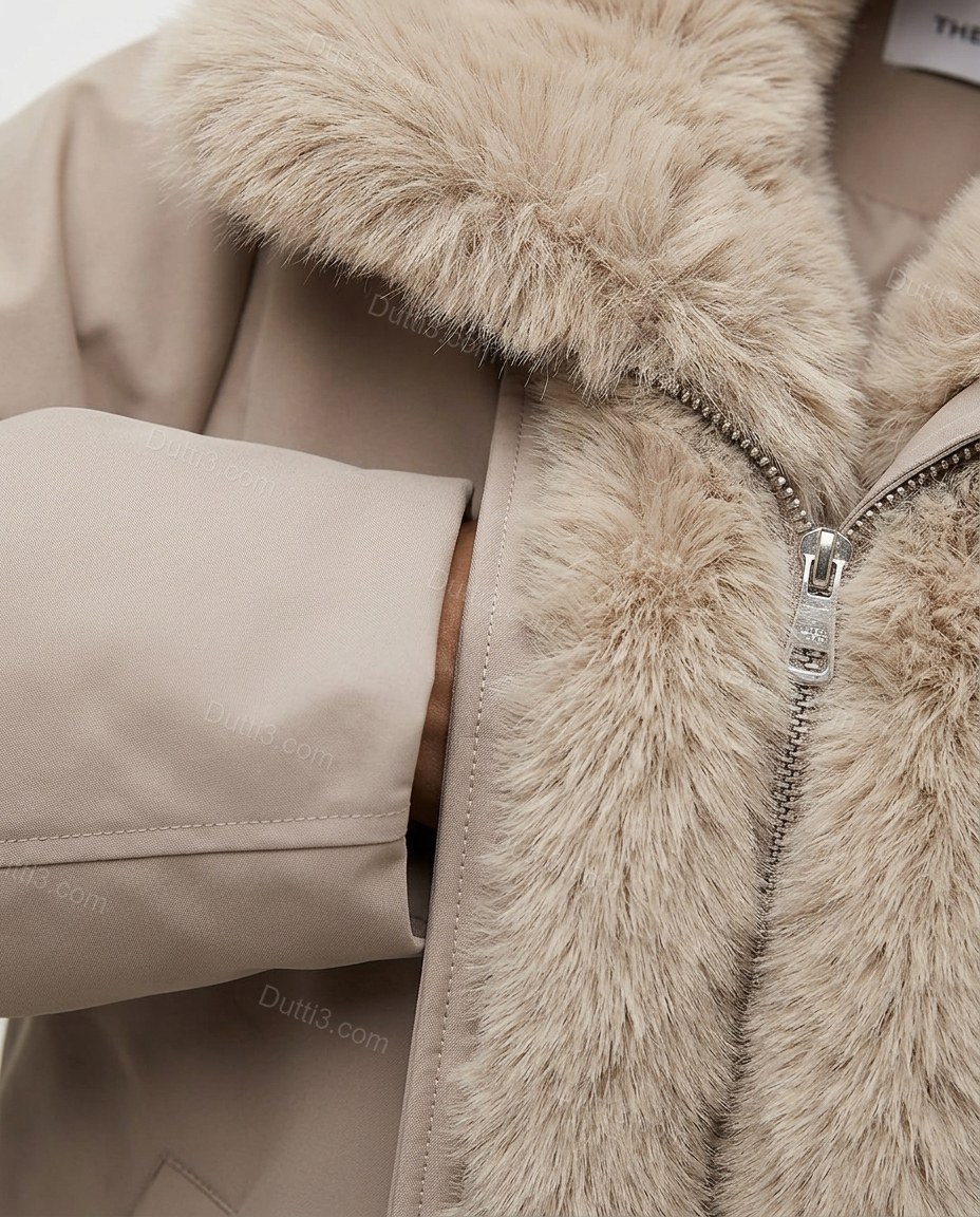 Pale Taupe Beige Faux-Fur Ribbed Jacket, close-up of light brown accents, faux fur trim and ribbed cuffs, by Dutti3