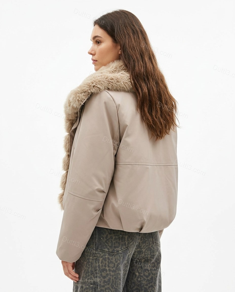 Pale Taupe Beige Faux-Fur Ribbed Jacket, back studio view, by Dutti3